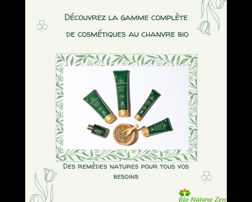 Gamme complète de cosmétiques à l'huile de chanvre bio.
Cosmétiques certifié ECOCERT.